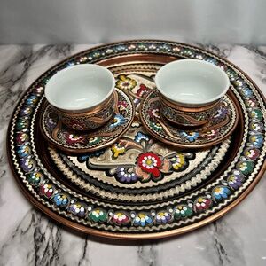 Vintage Handcrafted Turkish Etched Copper Enamel Painted Floral Coffee Set